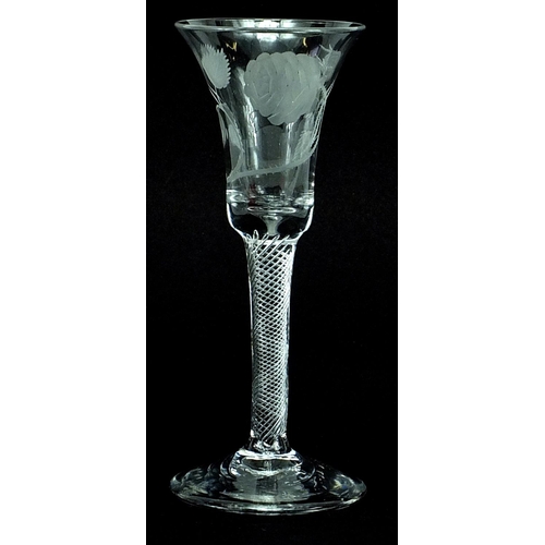 99 - 18th century wine glass with air twist stem and bell shaped bowl etched with a rose, 17cm high