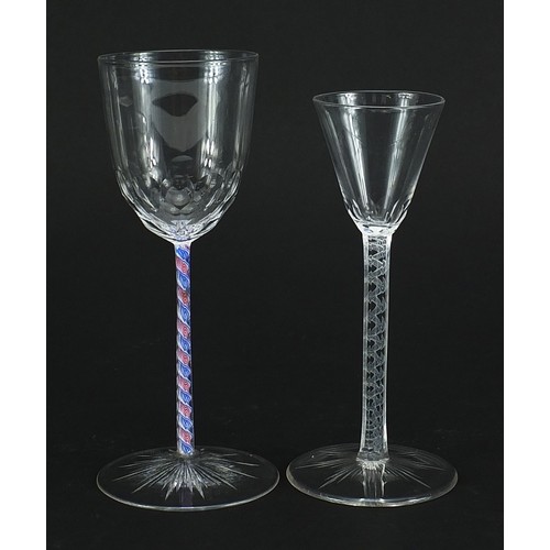 100 - Two antique wine glasses with opaque twist stems, the largest 16cm high