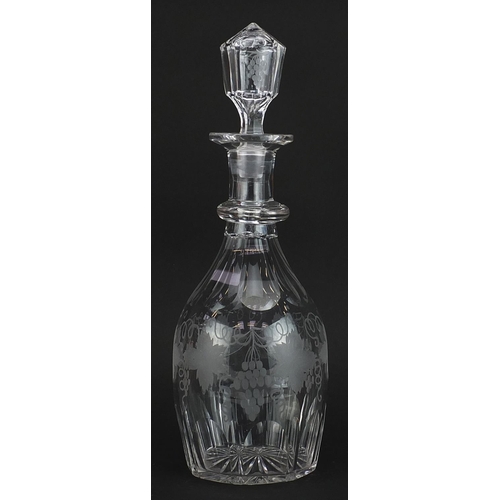 362 - Victorian cut glass decanter etched with leaves and berries, 34cm high