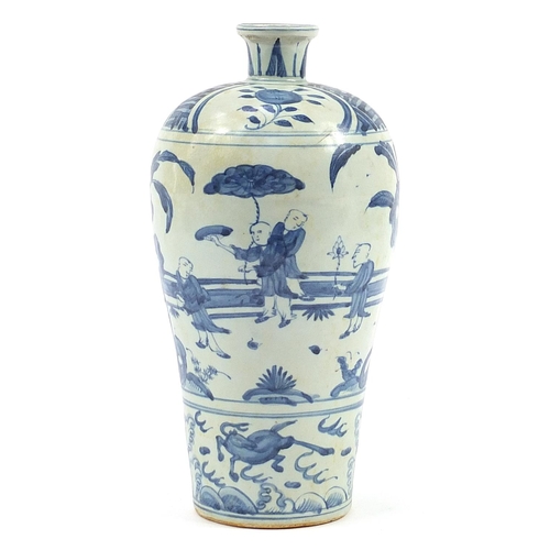 1056 - Chinese blue and white porcelain vase hand painted with figures and trees, 33cm high