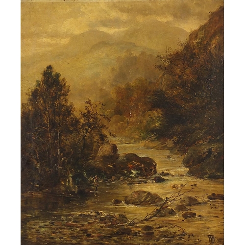 601 - River landscape with figure fishing, 19th century oil on canvas, indistinctly monogrammed, Jordan & ... 