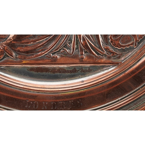 816 - Morel Ladeuil for Elkington & Co, copper charger decorated in relief with a semi nude maiden, 25.5cm... 