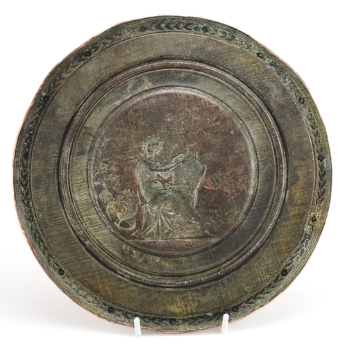 816 - Morel Ladeuil for Elkington & Co, copper charger decorated in relief with a semi nude maiden, 25.5cm... 