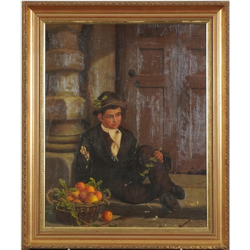 769 - Seated beggar before a doorway, oil on canvas, indistinctly signed, chalk marks verso, mounted and f... 