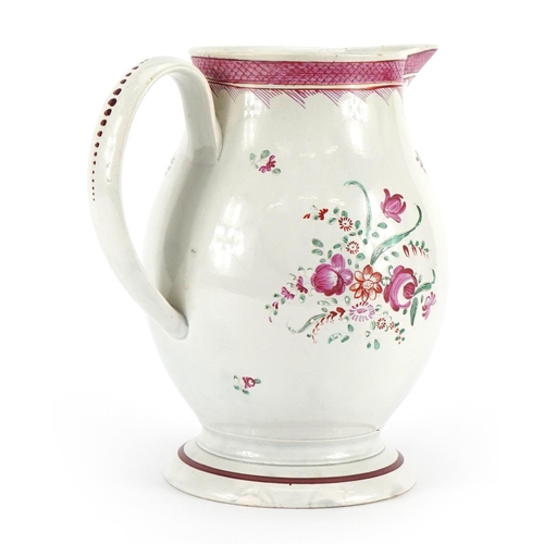 170 - Early 19th century pearlware jug hand painted with flowers inscribed Success to Trade, 23cm high