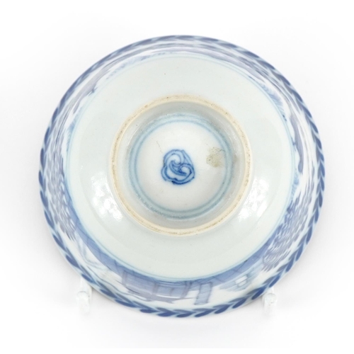 24 - Chinese blue and white porcelain tea bowl finely hand painted with kilns, quail and fish, Kangxi lea... 