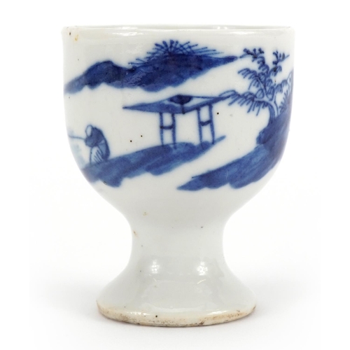 201 - Chinese blue and white porcelain eggcup hand painted with a fisherman in a landscape, wax seal with ... 