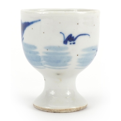 201 - Chinese blue and white porcelain eggcup hand painted with a fisherman in a landscape, wax seal with ... 