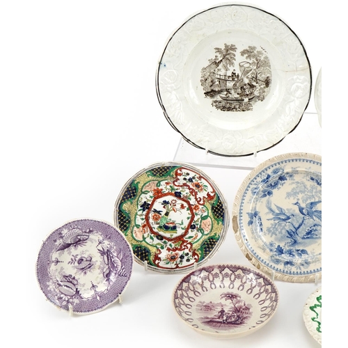 355 - Eight 19th century plates and a saucer including Swansea examples, the largest 17.5cm in diameter