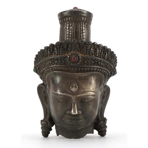 78 - Chino Tibetan silvered metal bust of Buddha with red and green cabochons, 18.5cm high