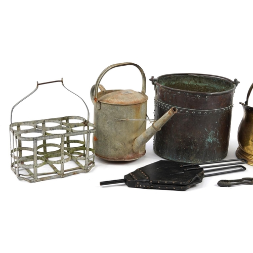 807 - Antique metalware including Victorian copper coal scuttle, copper fire bucket and a bottle carrier, ... 