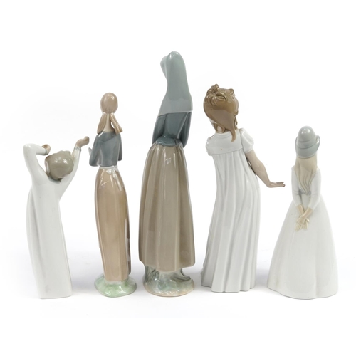 980 - Five Lladro and Nao porcelain figurines, the largest 33cm high