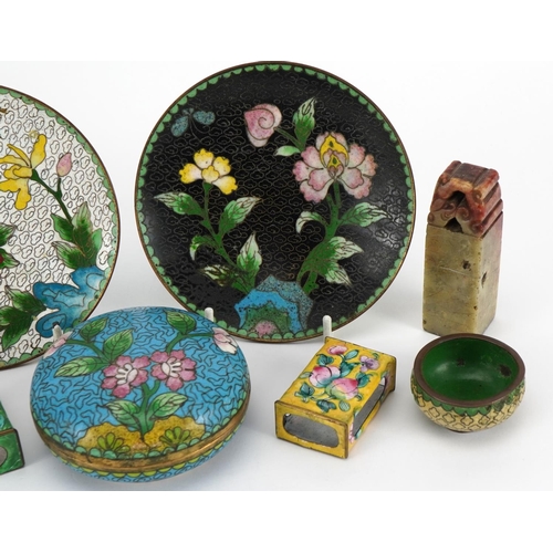 820 - Chinese sundry items including cloisonne bun box and cover, pair of cloisonne dishes, carved soapsto... 