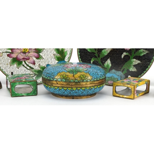 820 - Chinese sundry items including cloisonne bun box and cover, pair of cloisonne dishes, carved soapsto... 