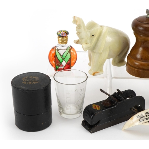 712A - Victorian and later objects including scent bottles, Stanley smoothing plane and medicine glass with... 