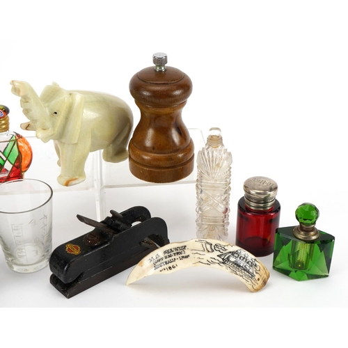 712A - Victorian and later objects including scent bottles, Stanley smoothing plane and medicine glass with... 