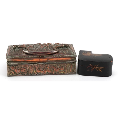 1046 - Japanese antimony casket with swing handle and a lacquered box, the largest 18.5cm wide