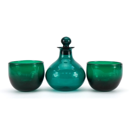 1042 - Green glass scent bottle with stopper and a pair of green glass bowls, the largest 17.5cm high