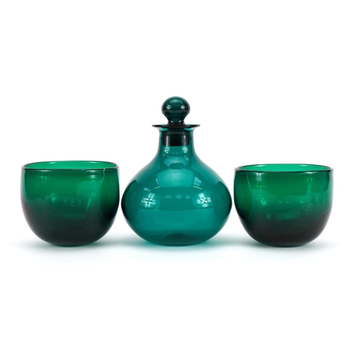 1042 - Green glass scent bottle with stopper and a pair of green glass bowls, the largest 17.5cm high