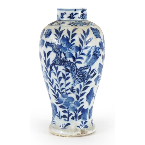 139 - Chinese blue and white porcelain vase hand painted with dragons and flowers, four figure character m... 