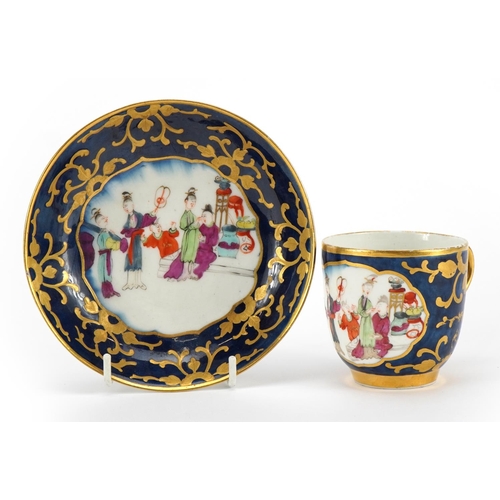 168 - Late 18th century Derby porcelain blue ground cup and saucer hand painted in the chinoiserie manner ... 