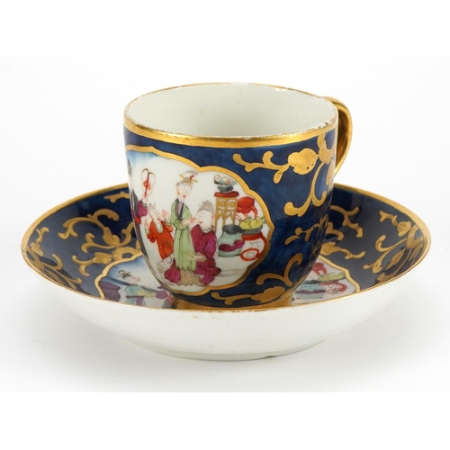 168 - Late 18th century Derby porcelain blue ground cup and saucer hand painted in the chinoiserie manner ... 