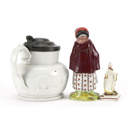 356 - Early 19th century ceramics including a pearlware figure and stoneware jug with pewter mounts, the l... 