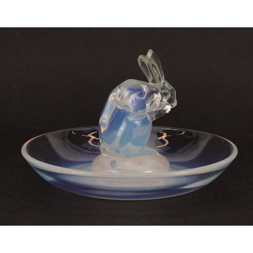 6 - Rene Lalique, French Art Deco opalescent glass lapin dish etched Lalique France no 285 to the base
