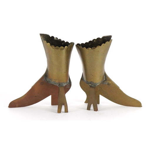 472 - Pair of antique brass spill vases in the form of shoes, 18cm high