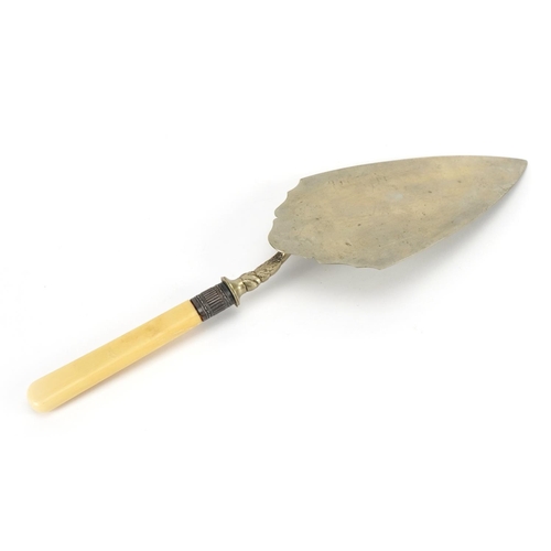 755 - Edwardian silver mounted presentation trowel with ivorine handle presented by Mrs G Stevenson Enlayi... 