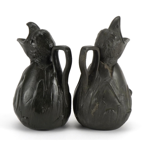 563 - J Garnier, matched pair of French Art Nouveau pewter jugs in the form of hatching chicks, each impre... 