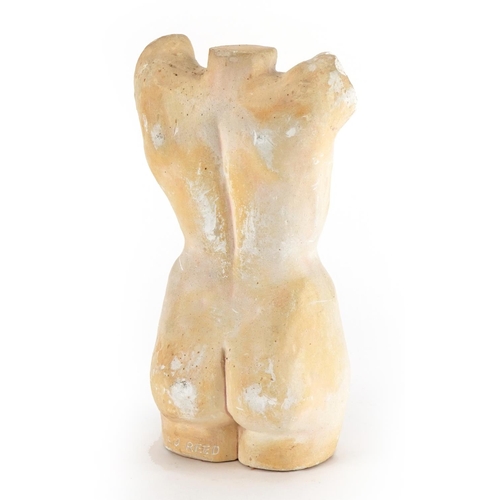 596 - L J Reed, mid century plaster torso sculpture, paper label to the base, 22cm high