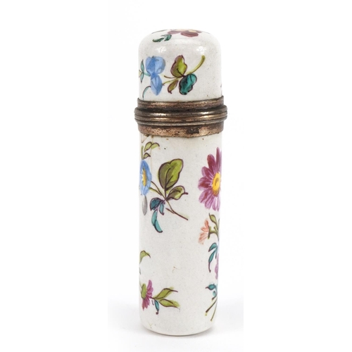 107 - 19th century French silver mounted enamel scent bottle hand painted with flowers, 5cm high