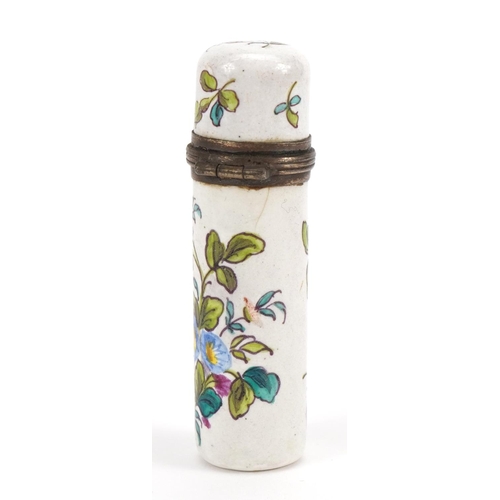 107 - 19th century French silver mounted enamel scent bottle hand painted with flowers, 5cm high