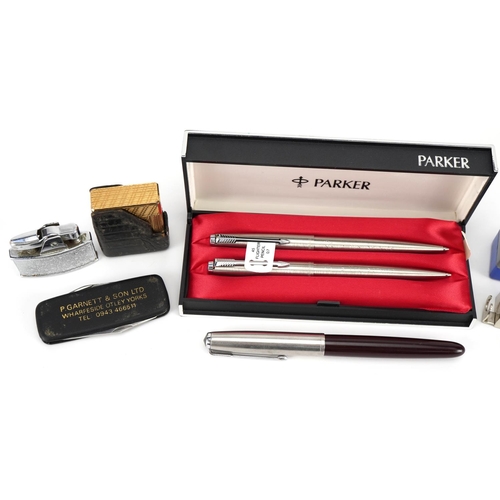 742 - Objects including an S J Dupont gold plated pocket lighter, Parker pens and Autoknips I camera timer