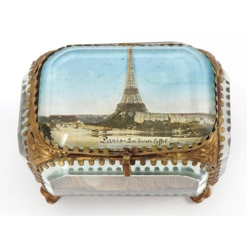 413 - 19th century French brass and bevelled glass jewel casket with button back interior and hinged lid w... 