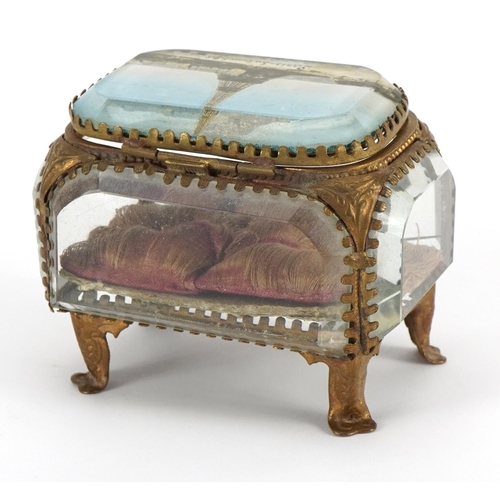 413 - 19th century French brass and bevelled glass jewel casket with button back interior and hinged lid w... 