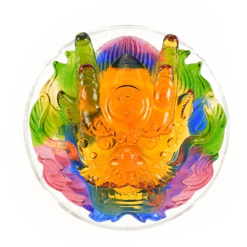 707 - Chinese glass dragon design paperweight with box, 17cm high