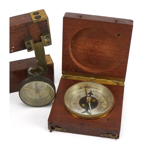 224 - Antique scientific instruments including Doctor Bates Drain Clinometer made by W H Harling, two trav... 