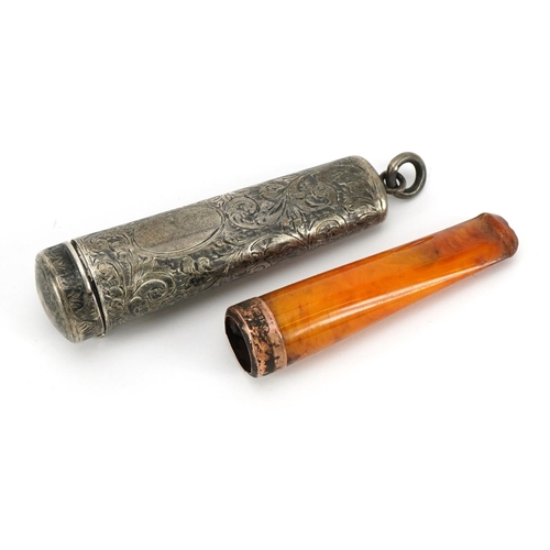 117 - Butterscotch amber coloured cheroot holder with 9ct gold mount and silver case by Henry Perkins & So... 