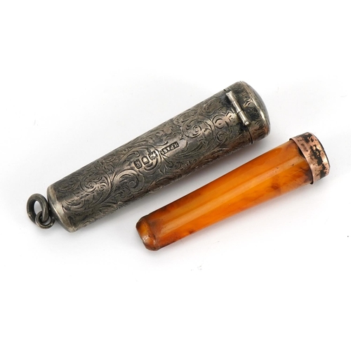 117 - Butterscotch amber coloured cheroot holder with 9ct gold mount and silver case by Henry Perkins & So... 