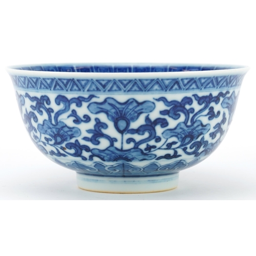 509 - Chinese blue and white porcelain bowl hand painted with flowers amongst scrolling foliage, six figur... 