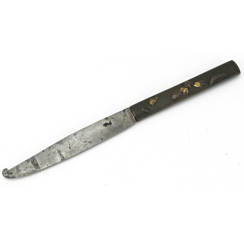 210 - Japanese Kozuka with partially gilt bronze handle, impressed marks to the blade, 21cm in length