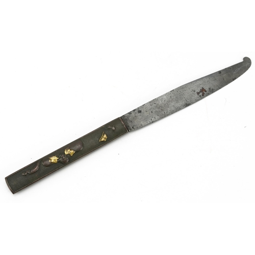 210 - Japanese Kozuka with partially gilt bronze handle, impressed marks to the blade, 21cm in length