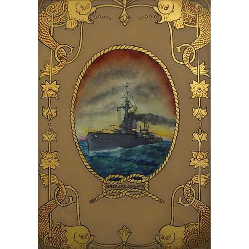 846 - HMS Ajax Jutland and HMS Ajax Trafalgar, pair of maritime interest mixed medias, framed and glazed, ... 