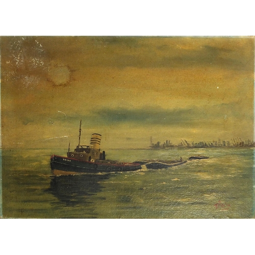 1054 - T Austin - Tugboat Tayra, 20th century oil on board, details verso, unframed, 58cm x 42cm