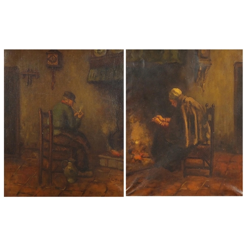 1001 - Female beside a fire and gentleman smoking a pipe, pair of Dutch school oil on canvasses, each indis... 