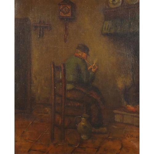 1001 - Female beside a fire and gentleman smoking a pipe, pair of Dutch school oil on canvasses, each indis... 