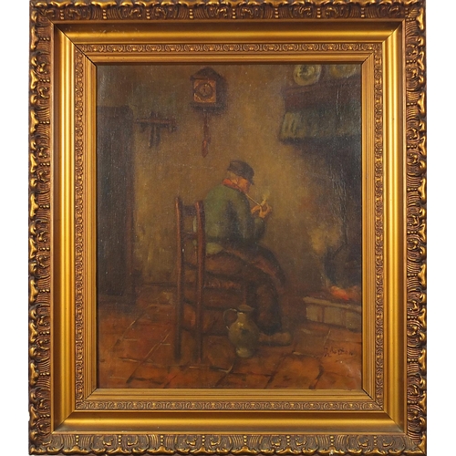 1001 - Female beside a fire and gentleman smoking a pipe, pair of Dutch school oil on canvasses, each indis... 