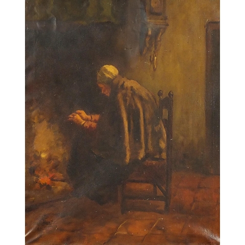 1001 - Female beside a fire and gentleman smoking a pipe, pair of Dutch school oil on canvasses, each indis... 